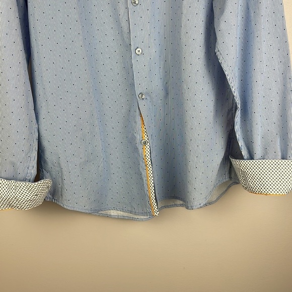 Denim & Flower Ricky Singh Men Dress Shirt SZ L Slim Fit Blue Stripes and Dots - Picture 3 of 11